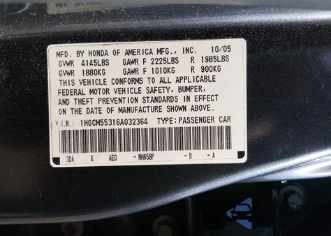 2006 Honda Accord 2.4 Se z USA, uszkodzony, nr VIN 1HGCM55316A032364